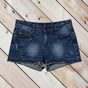 Womens Distressed Denim Low Rise Cut-Off Shorts Dark Wash Medium Y2k Grunge